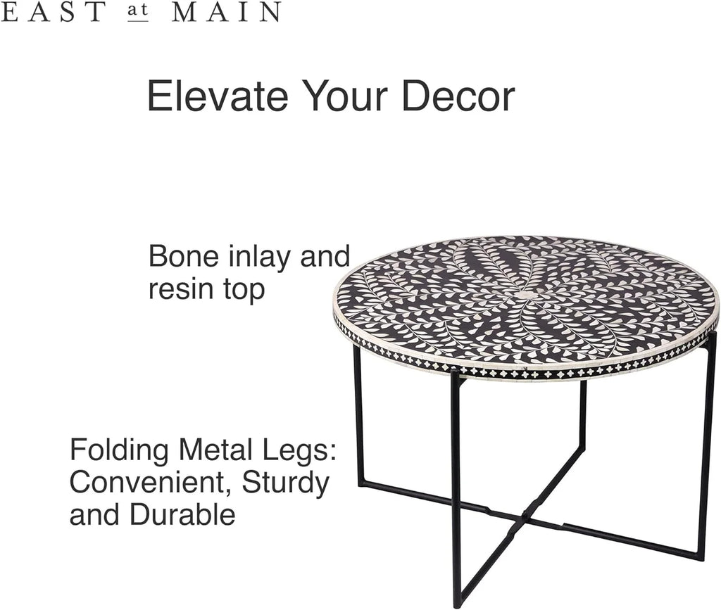 Round Coffee Table 30”W X 19”H Wooden Floral Top Metal Legs Black W74938