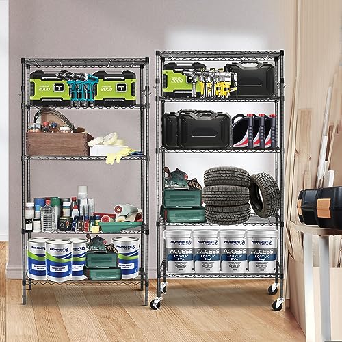 5 Tier Heavy Duty Metal Rolling Shelving Unit with Wheels & 8 Hooks, Black Y113647