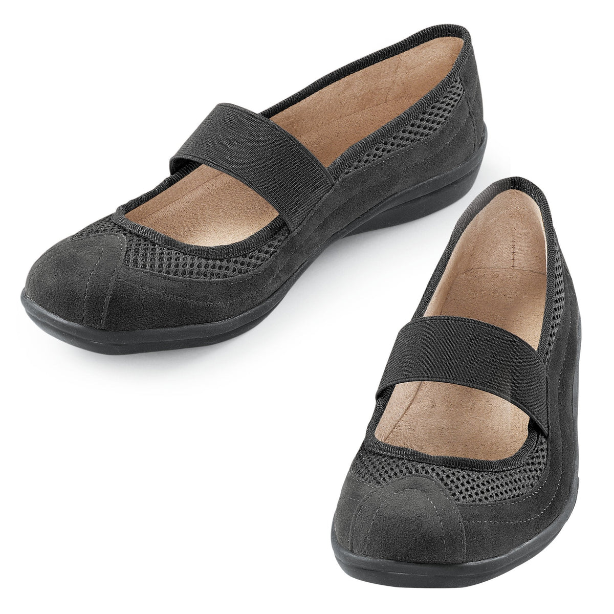 Black Slip-On Mary Jane Shoes with Stretchable Strap and Rubber Sole I294574