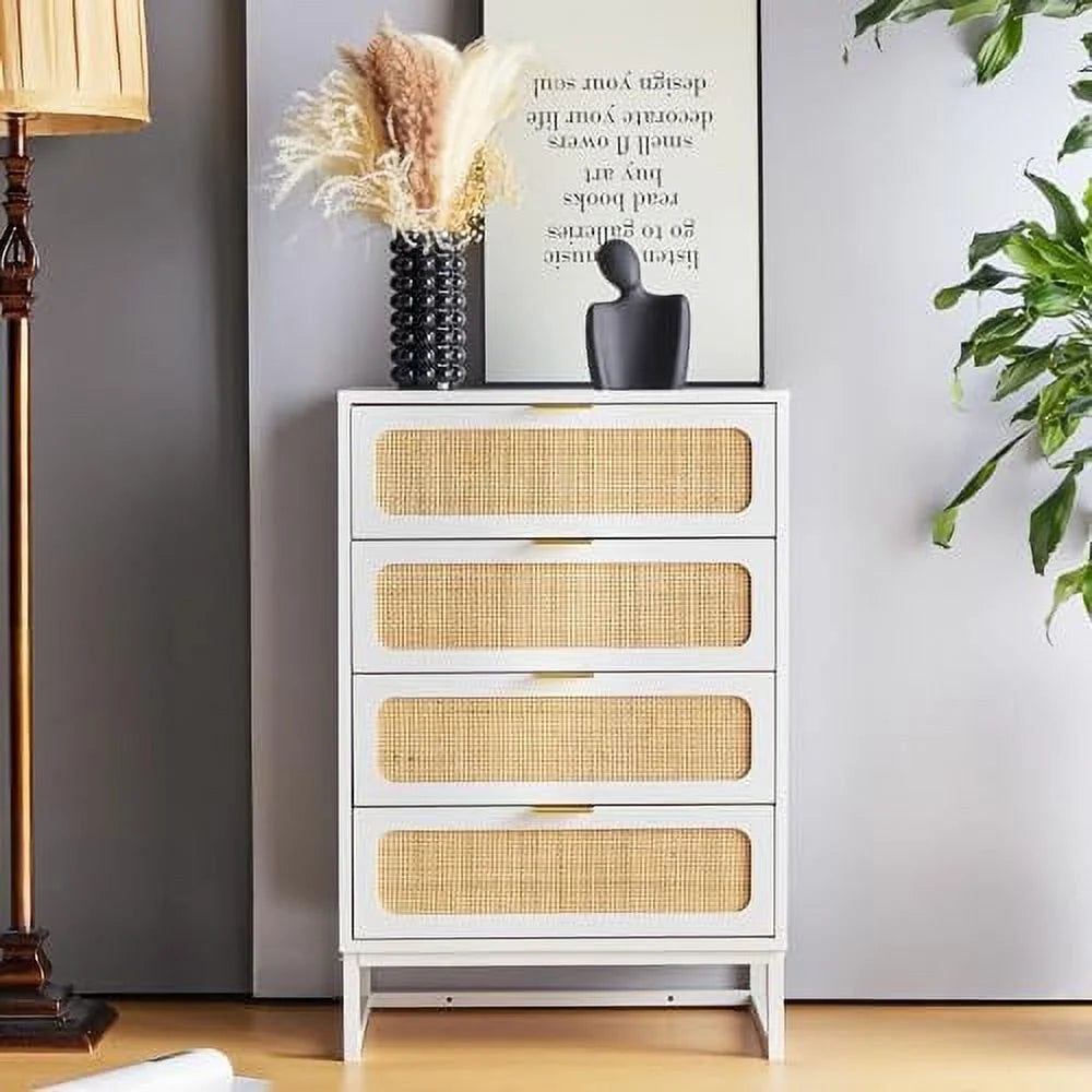 Rattan 4 Drawer Dresser Cabinet Organizer with Metal Legs L33354